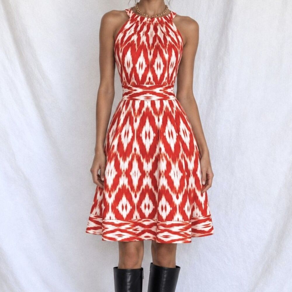 Vintage Y2K 90s Orange White Printed Knee Length Cocktail Sundress Dress Size M